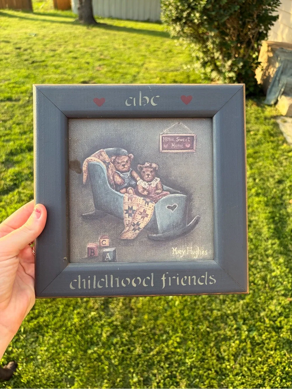 Vintage Children’s Wood Square Picture Frame Teddy Bears Hanging Wall Mount